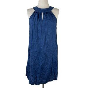 Antibes Blanc Tank Indigo Linen Dress High Neck Sleeveless Navy A-line Keyhole M